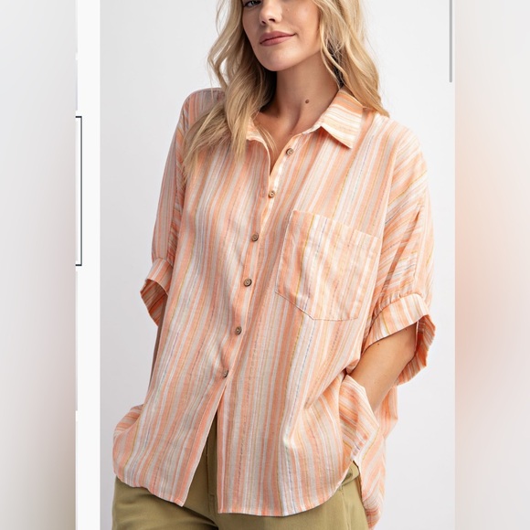 Easel Plus Size Striped Orange Button-Up Blouse with Pocket Oversized Fit. - Picture 3 of 7